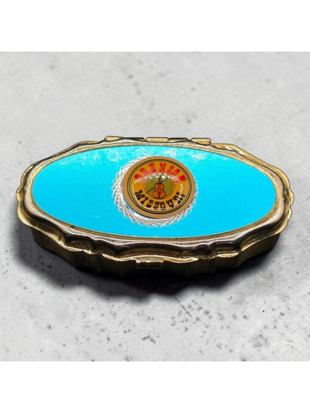 Vintage Branson Missouri Enamel Trinket Box Gold-Tone Accents Hinged Lid